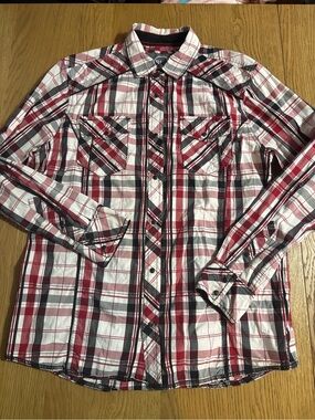 BKE Men's Plaid Button-Down Shirt - Red, Black & White